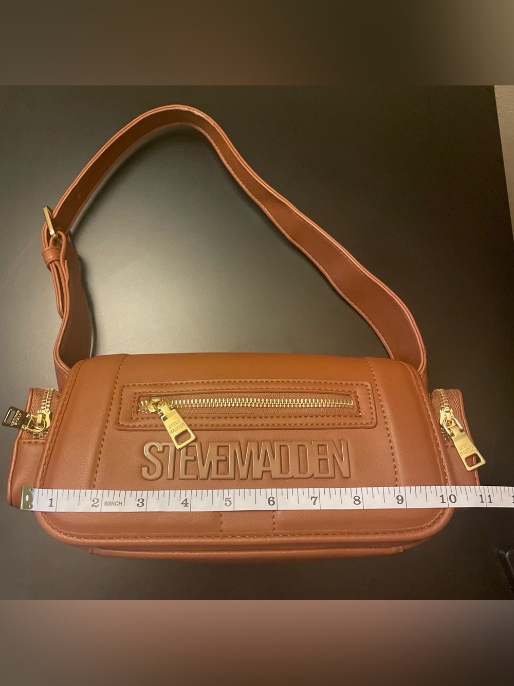 Steve Madden Cognac Brown Faux Leather Shoulder Bag with Gold Hardware